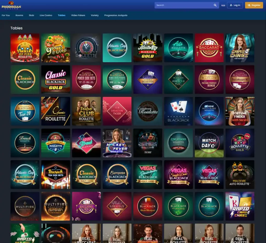 phoenician casino desktop table games collection screenshot showing various table games, categories and provider filters - tested