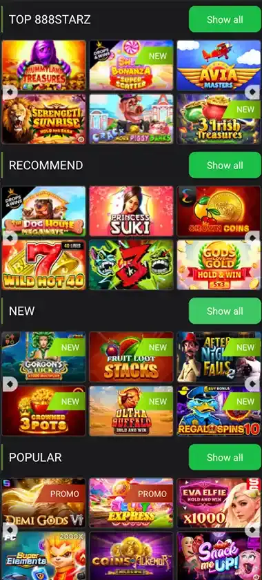 888starz mobile slots interface screenshot showing slot game selection with popular titles and filtering options - captured during platform testing
