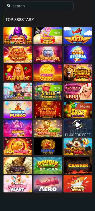 888starz desktop top games screenshot displaying main lobby with featured games, promotions and navigation menu - tested