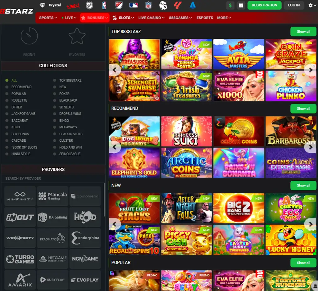 888starz casino desktop slots lobby screenshot presenting variety of slot games with categories and providers - verified