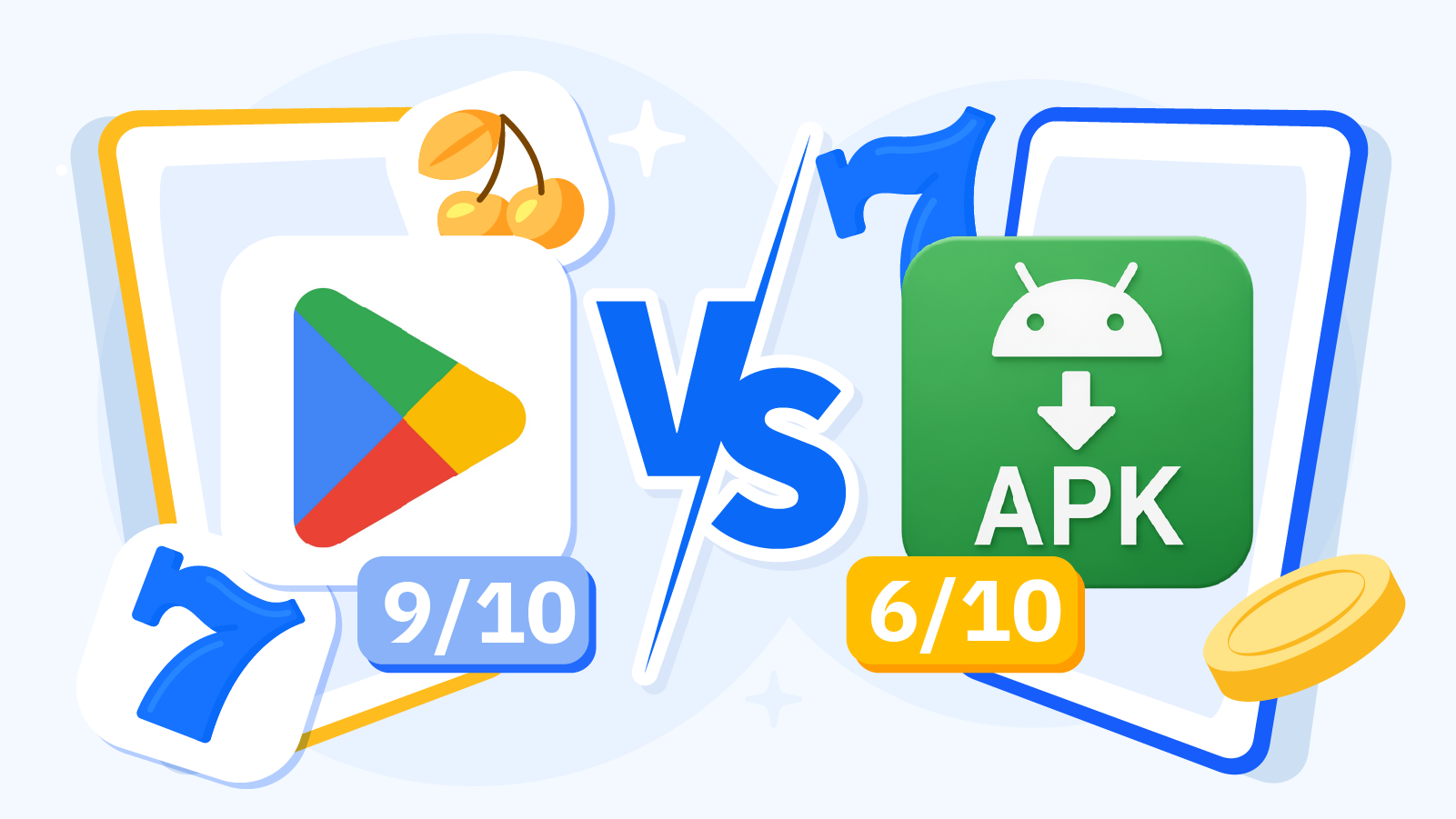 Side-by-side comparison showing security features of Google Play Store casino apps versus direct APK downloads including malware protection, automatic updates, and licensing verification
