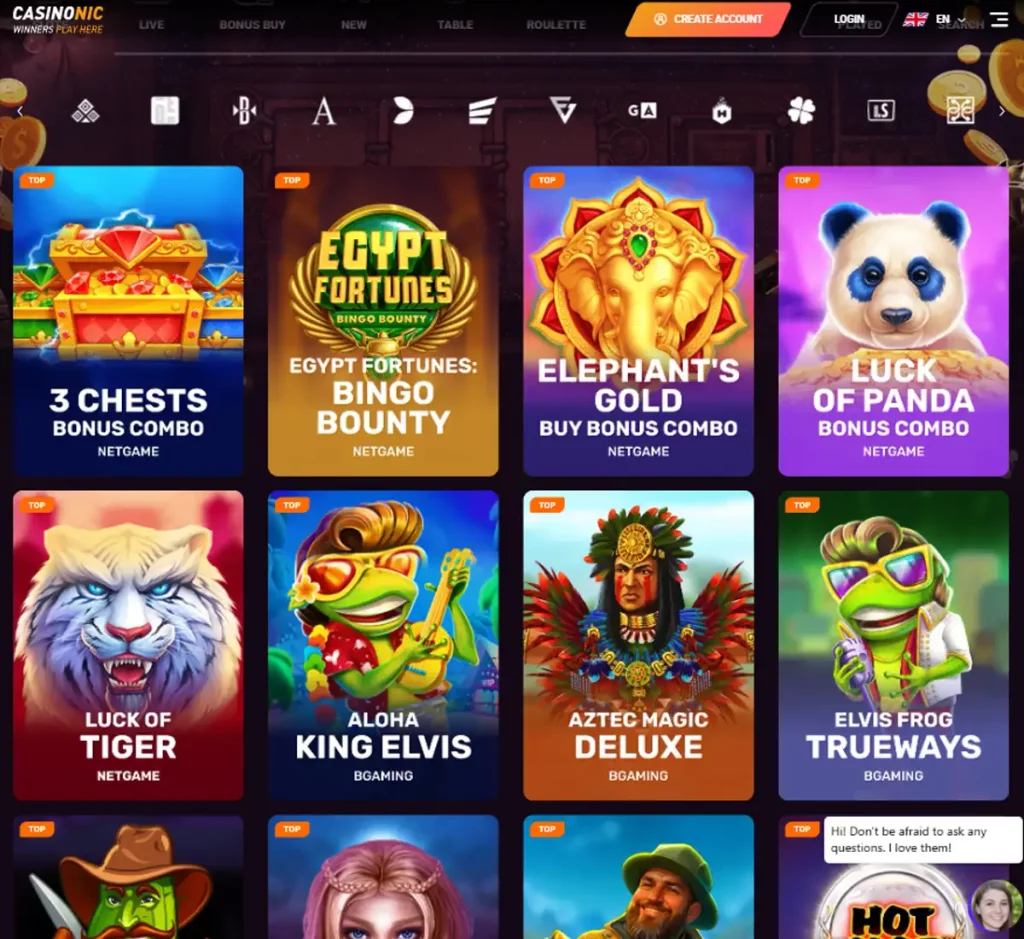 Casinonic Casino desktop homepage screenshot showing slot categories, featured titles and game providers in the casino lobby - tested