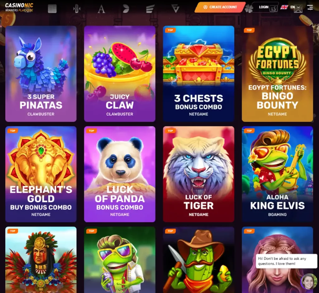 Casinonic Casino desktop slots screenshot showing slot categories, featured titles and game providers in the casino lobby - tested