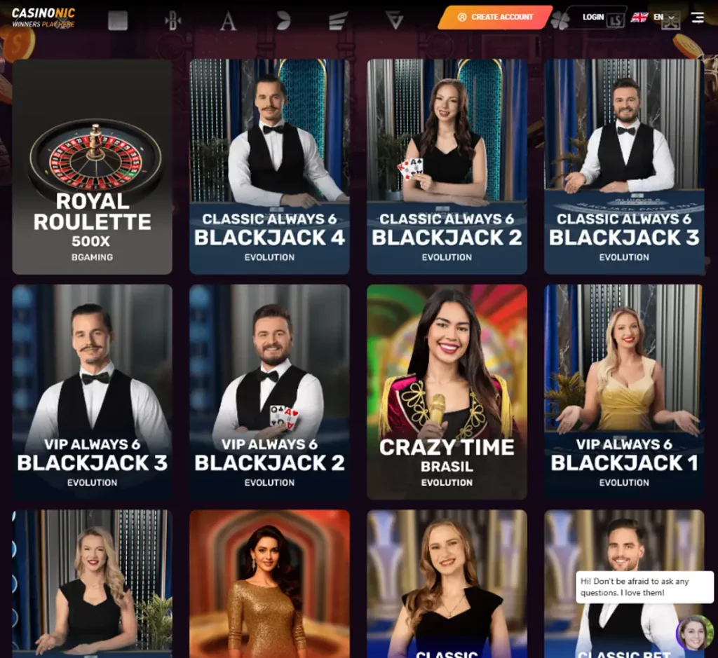 CasinoNic desktop live casino lobby screenshot featuring real-dealer games such as roulette, multiple blackjack tables, and Crazy Time, with game thumbnails, hosts, and account navigation interface – tested