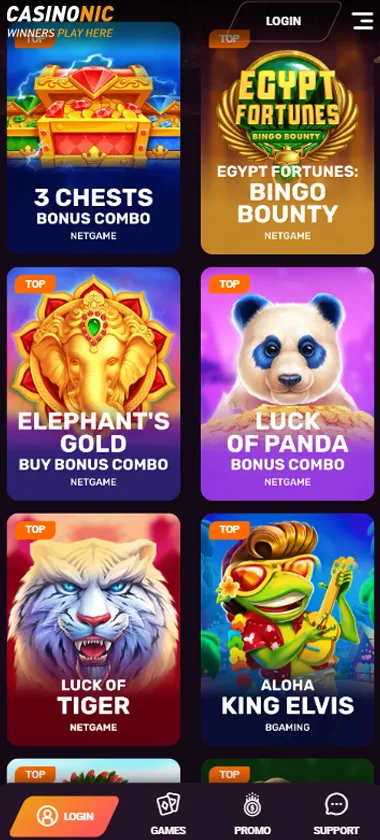 Casinonic Mobile casino app screen showing colorful slot game tiles and navigation menu