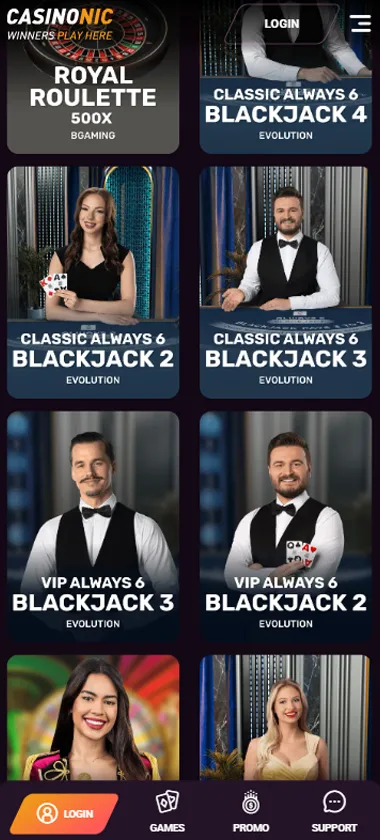 CasinoNic mobile live casino lobby screenshot featuring real-dealer games such as roulette, multiple blackjack tables, and Crazy Time, with game thumbnails, hosts, and account navigation interface – tested