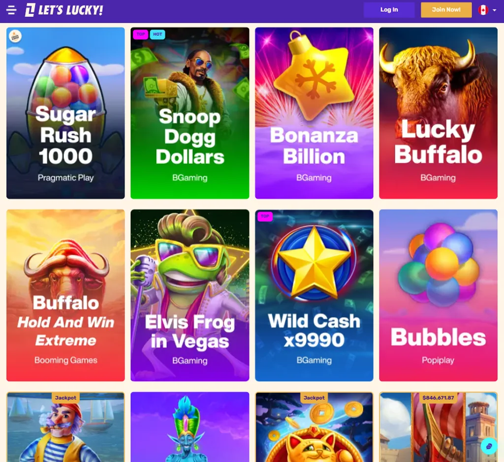 Lets Lucky Casino slot games desktop interface screenshot featuring slot categories and gameplay options - review testing