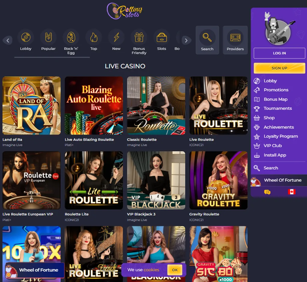 Rolling Slots Casino live casino desktop interface screenshot showing live dealer tables and streaming gameplay - captured during testing