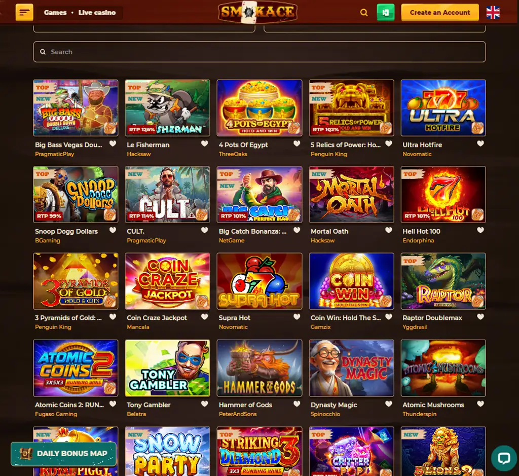 Smokace Casino desktop homepage screenshot displaying main lobby with featured games, promotions and navigation menu - tested
