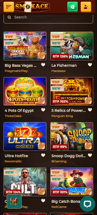 Smokace Casino mobile slots interface screenshot showing slot game selection with popular titles and filtering options - captured during platform testing