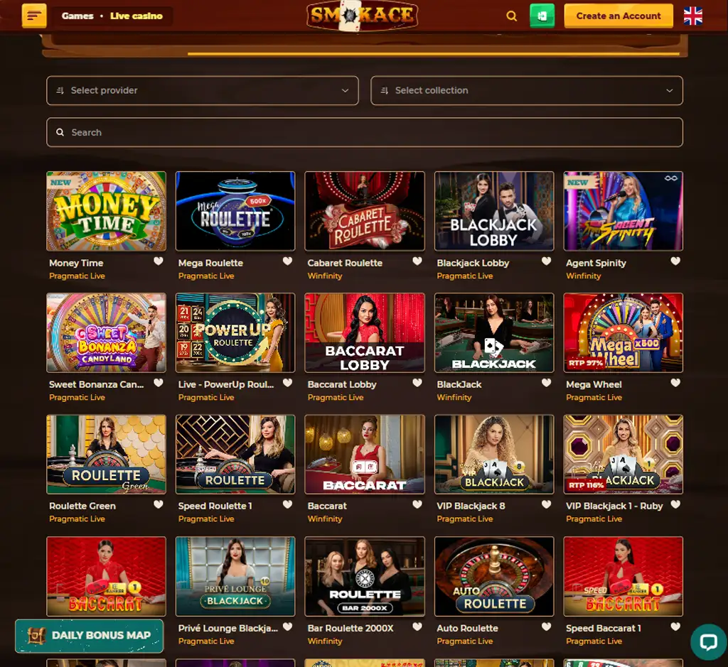 Smokace Casino desktop live casino lobby screenshot featuring live dealer games and real-time streaming interface - review testing