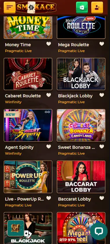 Smokace Casino mobile live casino interface screenshot showing live dealer tables including blackjack and roulette - tested