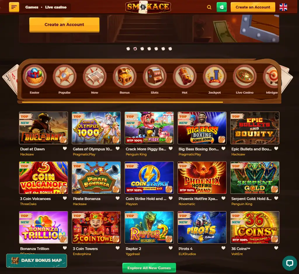 Smokace Casino desktop slots lobby screenshot presenting variety of slot games with categories and providers - verified