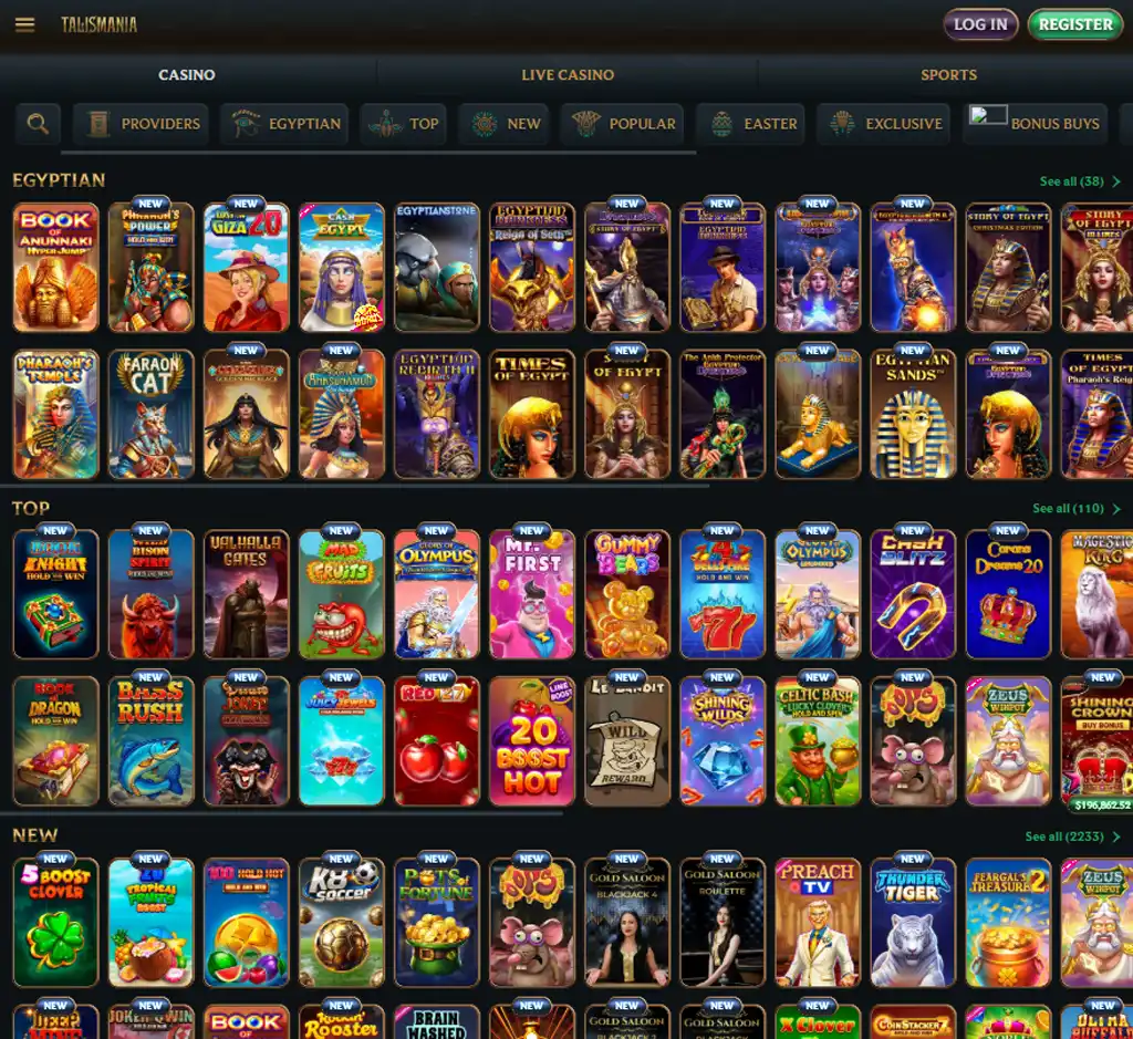 Talismania Casino desktop homepage screenshot displaying main lobby with featured games, promotions and navigation menu - tested