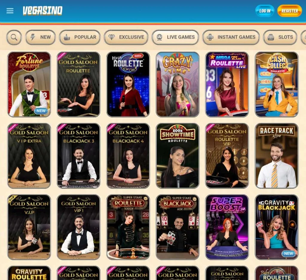 Vegasino casino live casino desktop interface screenshot showing live dealer tables and streaming gameplay - captured during testing