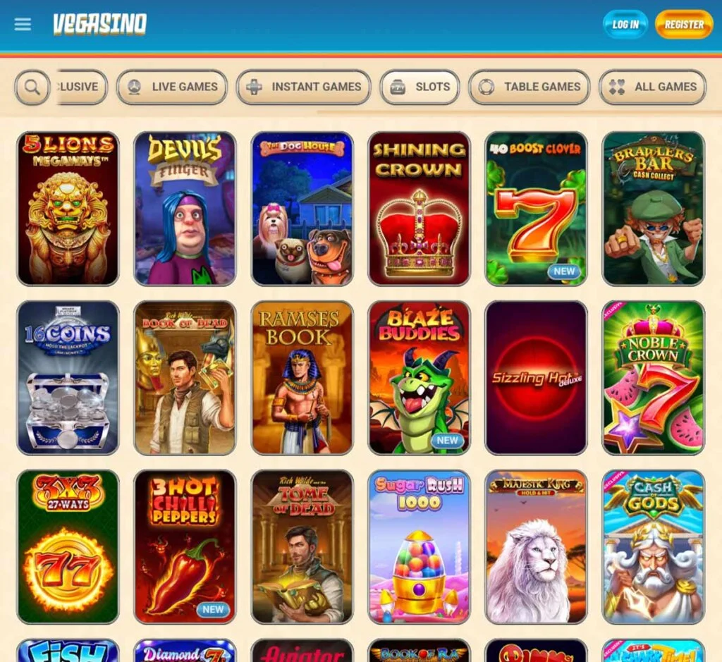 vegasino Casino slot games desktop interface screenshot featuring slot categories and gameplay options - review testing