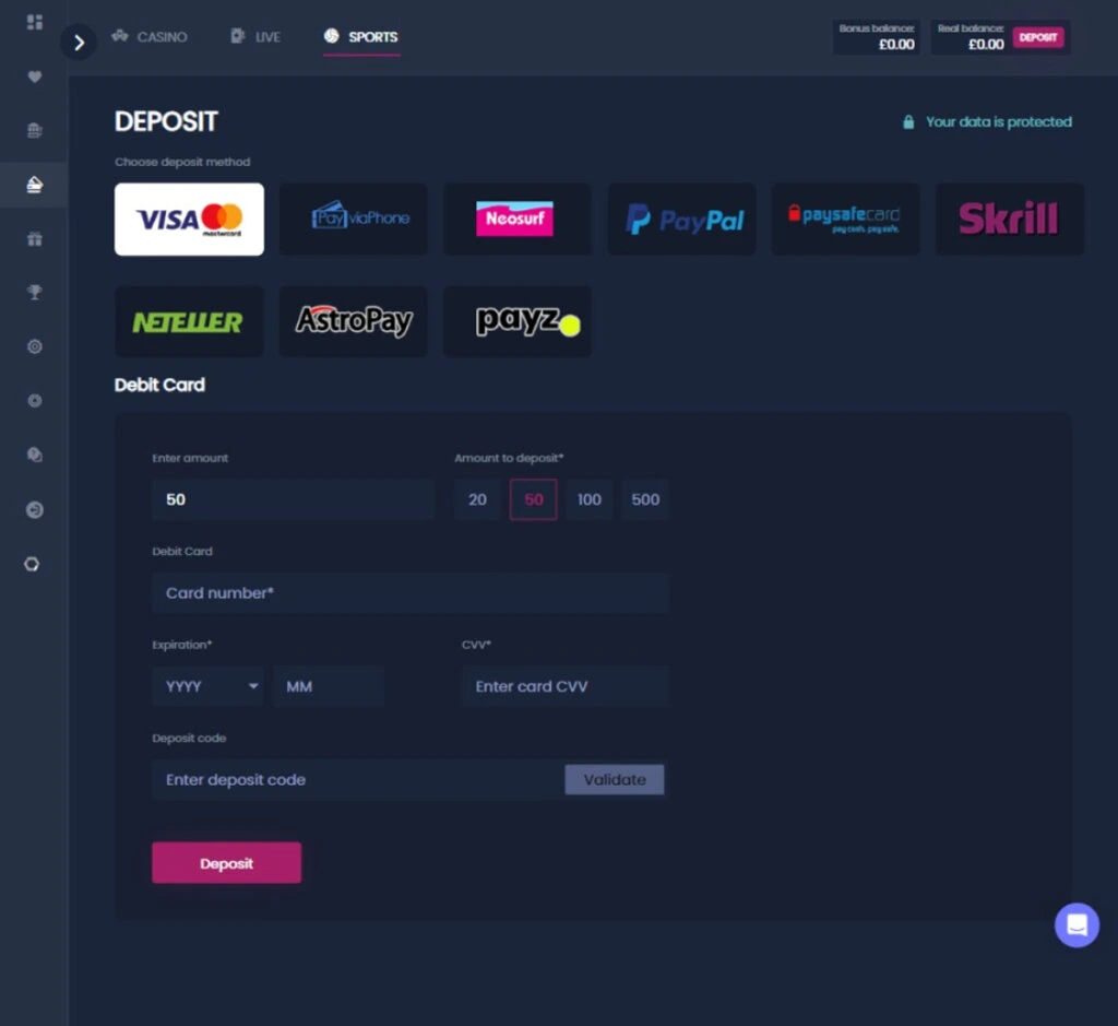 Betarno Casino desktop interface screenshot showing available deposit methods including Visa, Mastercard and PayPal in banking section – tested