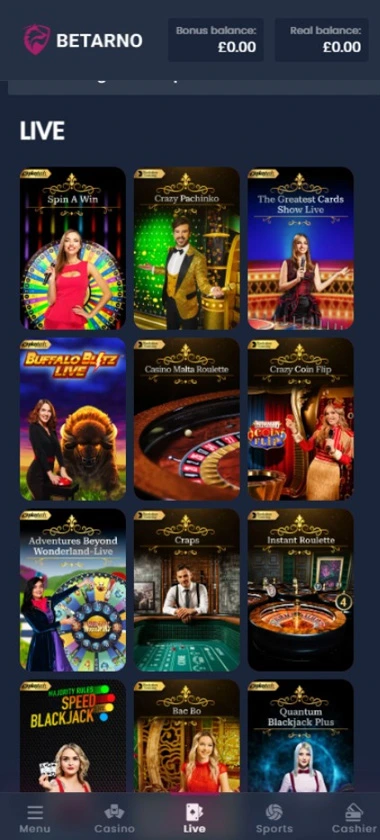 Betarno Casino mobile live casino screenshot displaying real-dealer tables including roulette, blackjack and baccarat with compact lobby layout – tested