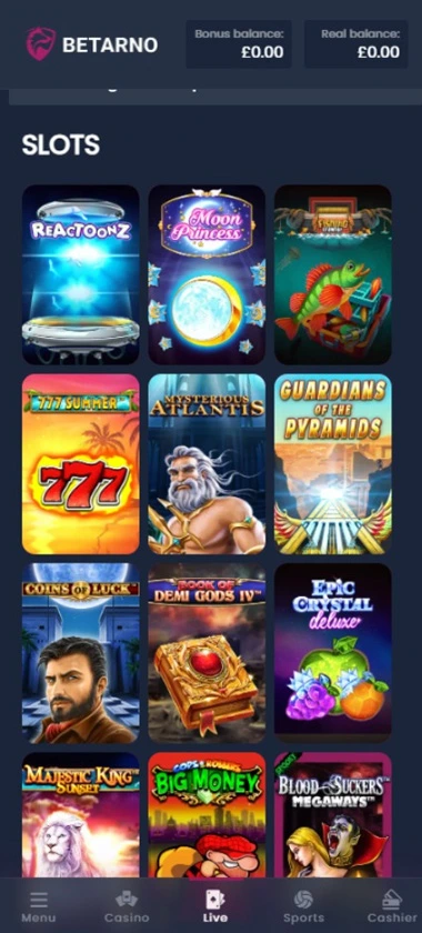 Betarno Casino mobile interface screenshot showing slots lobby with featured games, categories and navigation on smartphone screen – tested