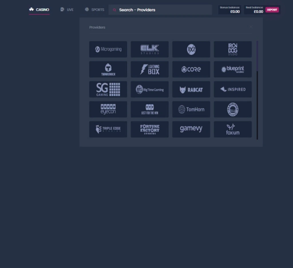 Betarno Casino desktop interface screenshot showing available software providers with logos and featured games in lobby – tested