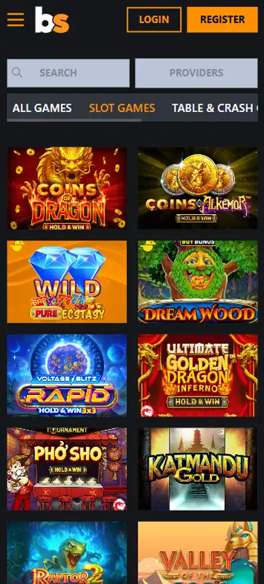 Betstro Casino mobile slots interface screenshot showing slot game selection with popular titles and filtering options - captured during platform testing