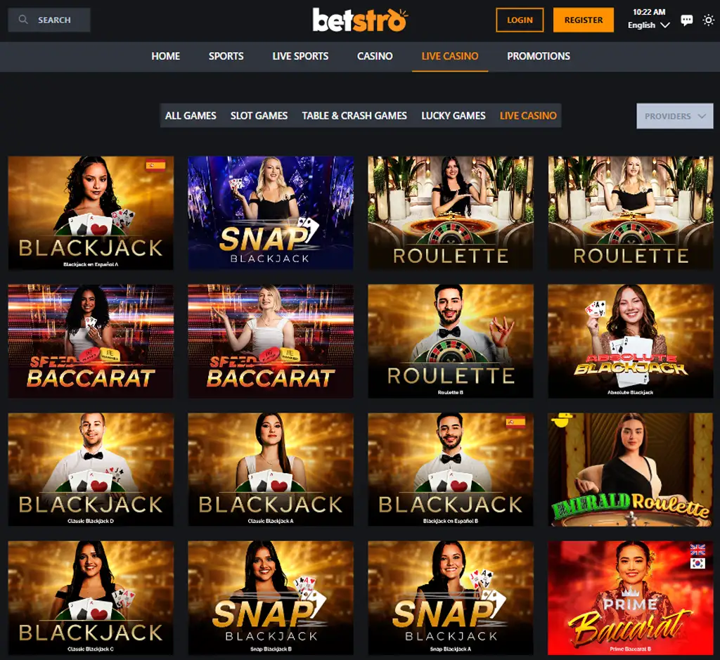 Betstro Casino desktop live casino lobby screenshot featuring live dealer games and real-time streaming interface - review testing