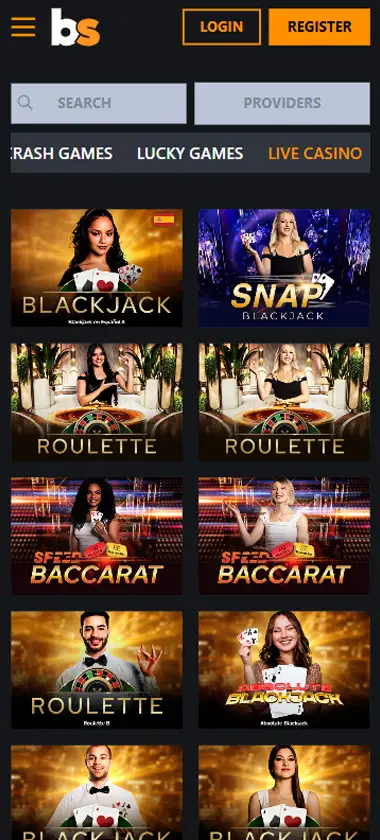 Betstro Casino mobile live casino interface screenshot showing live dealer tables including blackjack and roulette - tested