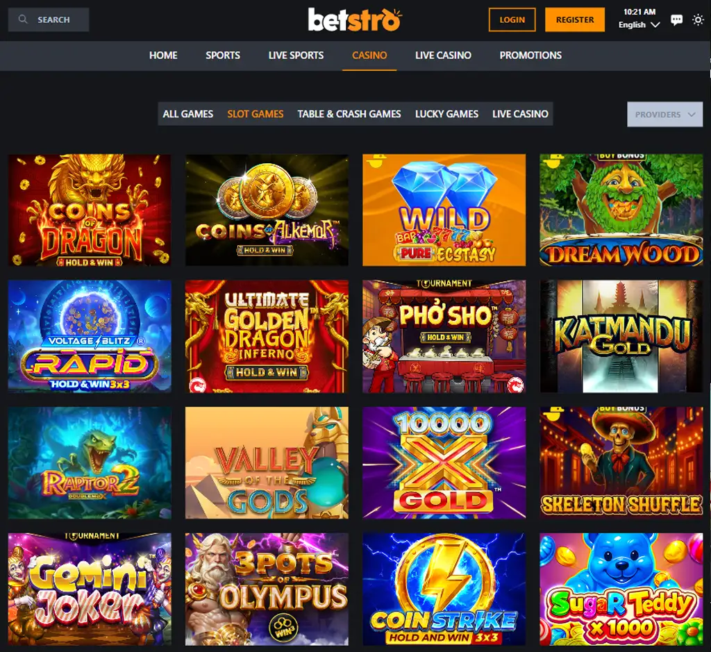 Betstro Casino desktop slots lobby screenshot presenting variety of slot games with categories and providers - verified