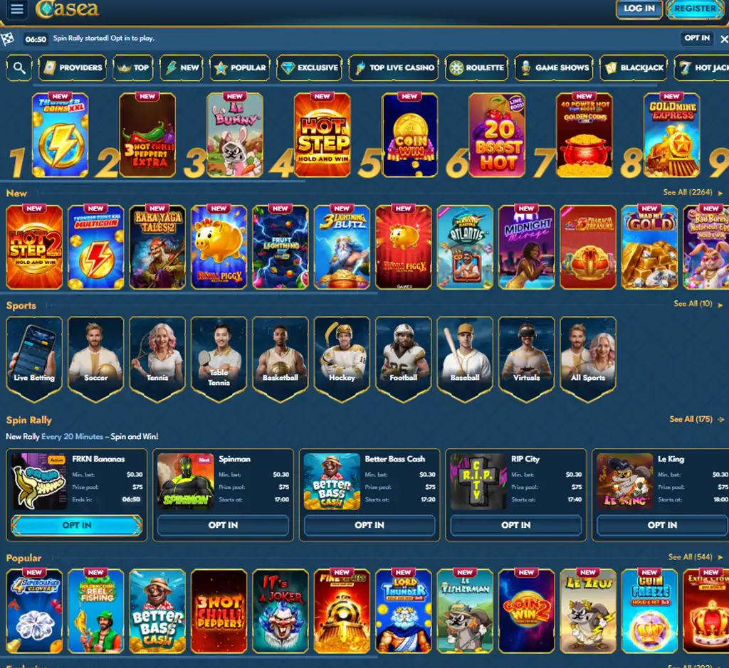 Casea Casino desktop homepage screenshot displaying main lobby with featured games, promotions and navigation menu - tested