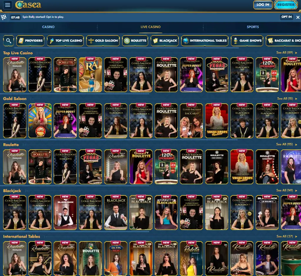 Casea Casino desktop live casino lobby screenshot featuring live dealer games and real-time streaming interface - review testing