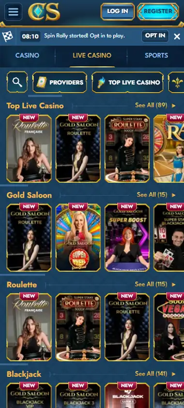 Casea Casino mobile live casino interface screenshot showing live dealer tables including blackjack and roulette - tested