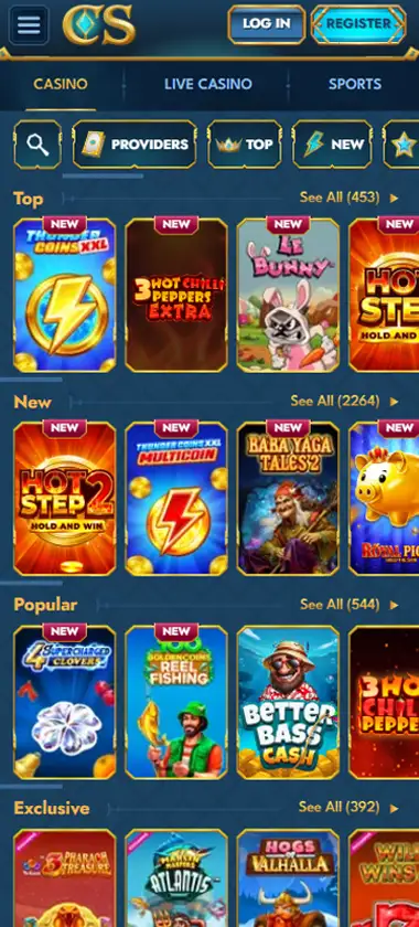 Casea Casino mobile slots interface screenshot showing slot game selection with popular titles and filtering options - captured during platform testing