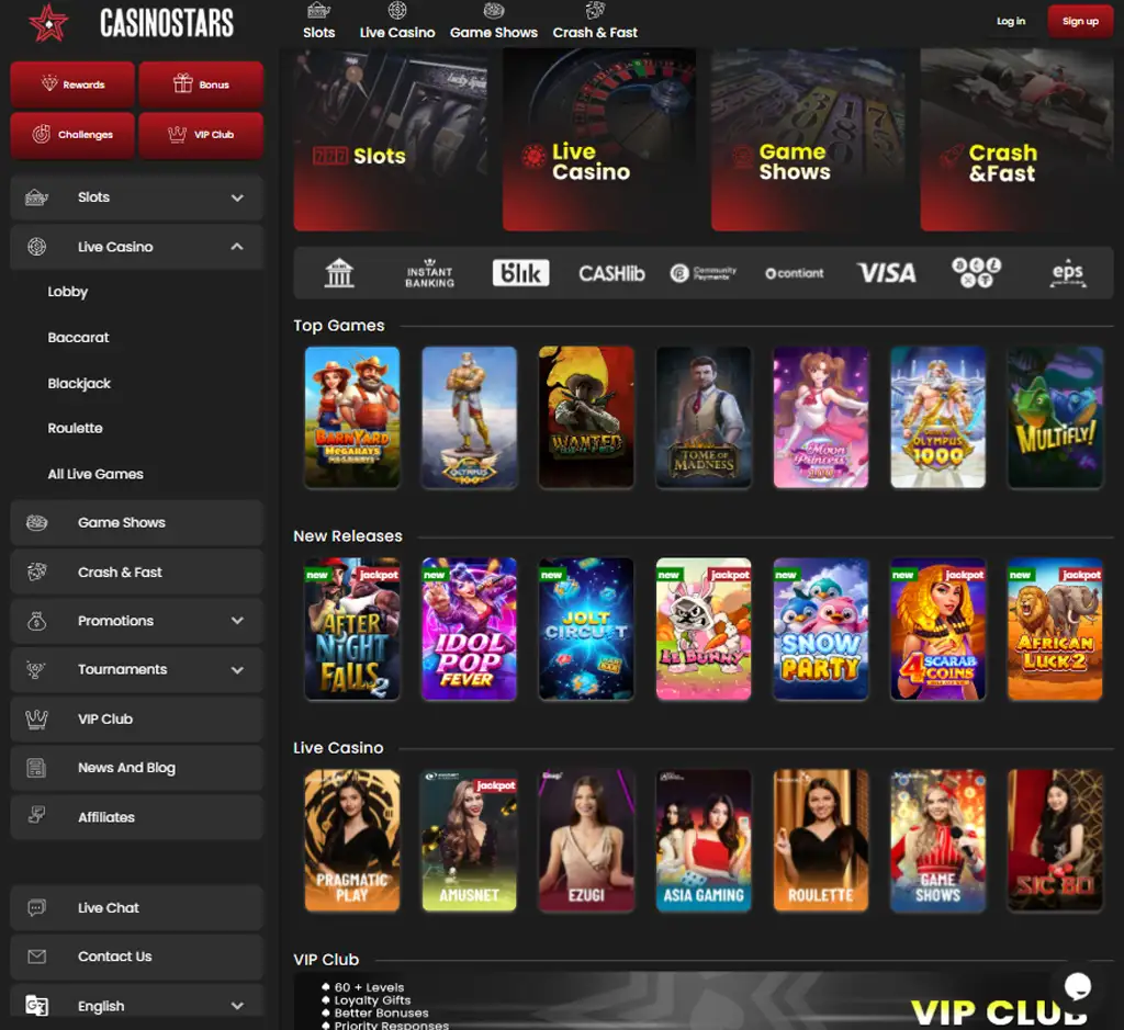 Casino Stars Casino desktop homepage screenshot displaying main lobby with featured games, promotions and navigation menu - tested