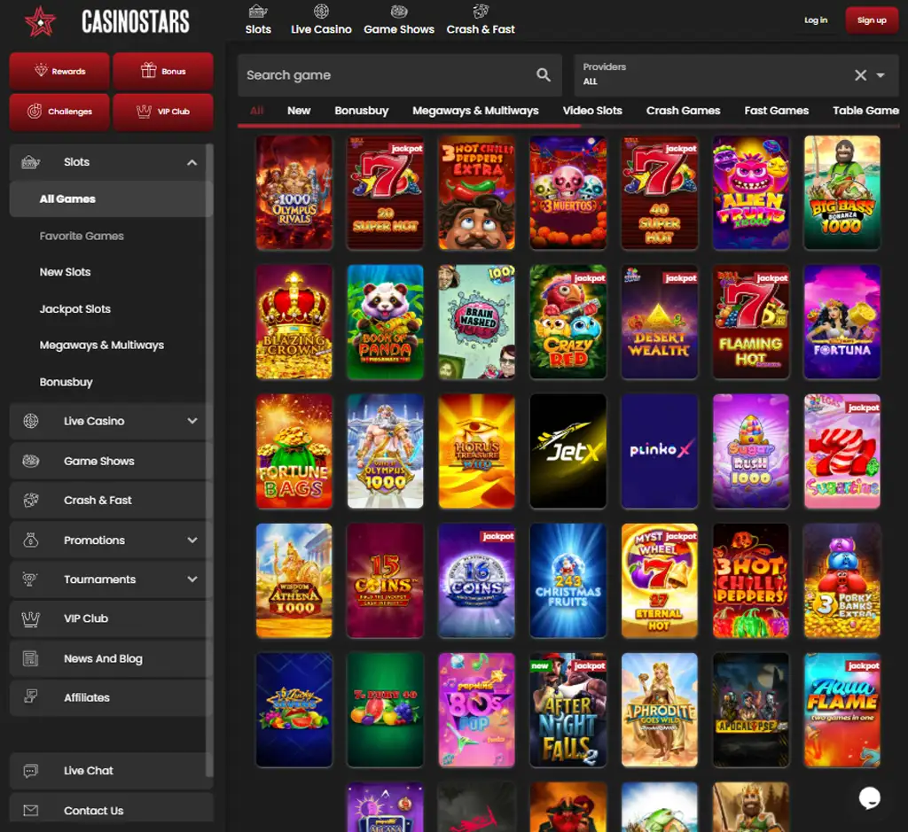 Casino Stars Casino desktop slots lobby screenshot presenting variety of slot games with categories and providers - verified