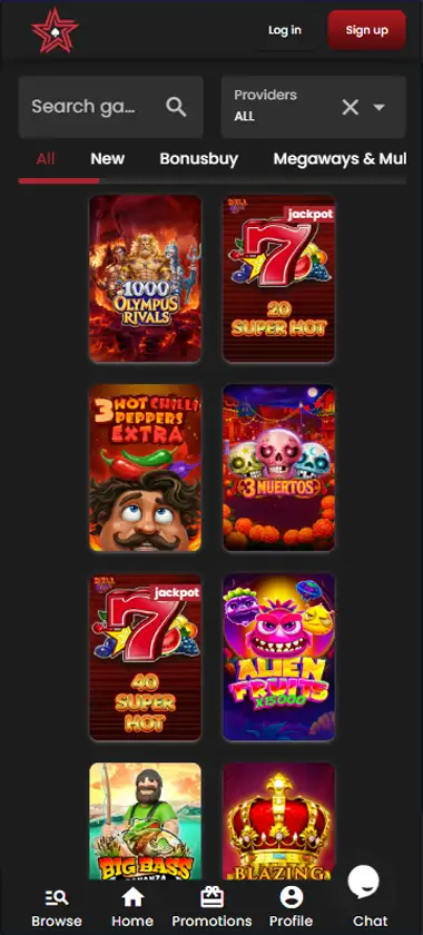 Casino Stars Casino mobile slots interface screenshot showing slot game selection with popular titles and filtering options - captured during platform testing