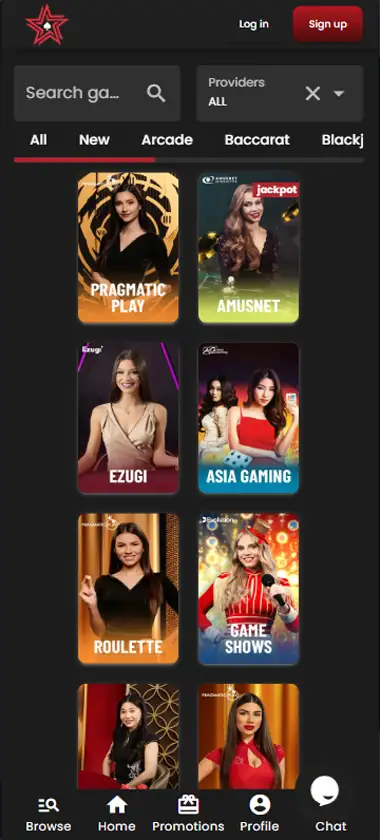 Casino Stars Casino mobile live casino interface screenshot showing live dealer tables including blackjack and roulette - tested