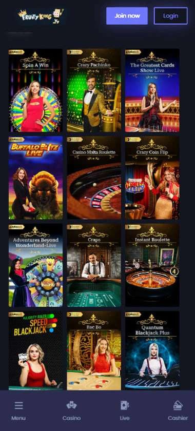 Fruity King Casino live casino desktop interface screenshot showing live dealer tables and streaming gameplay - captured during testing