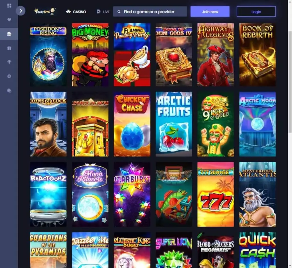 Fruity King Casino homepage desktop interface screenshot showing main lobby, featured games and promotions - tested