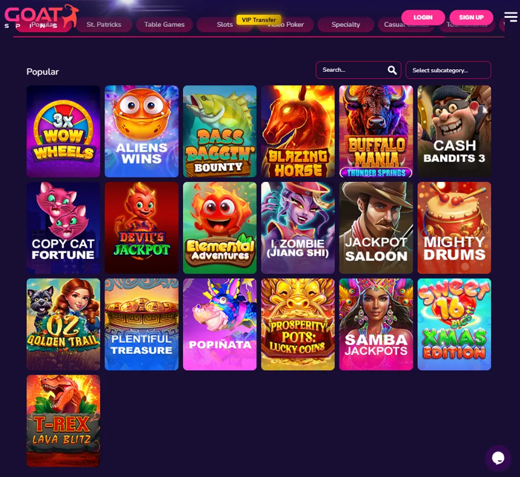 Goat Spins Casino homepage desktop interface screenshot showing main lobby, featured games and promotions - tested