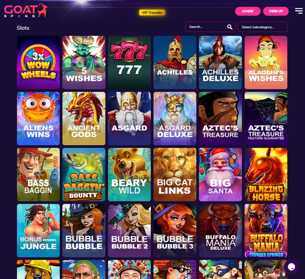 Goat Spins Casino slot games desktop interface screenshot featuring slot categories and gameplay options - review testing