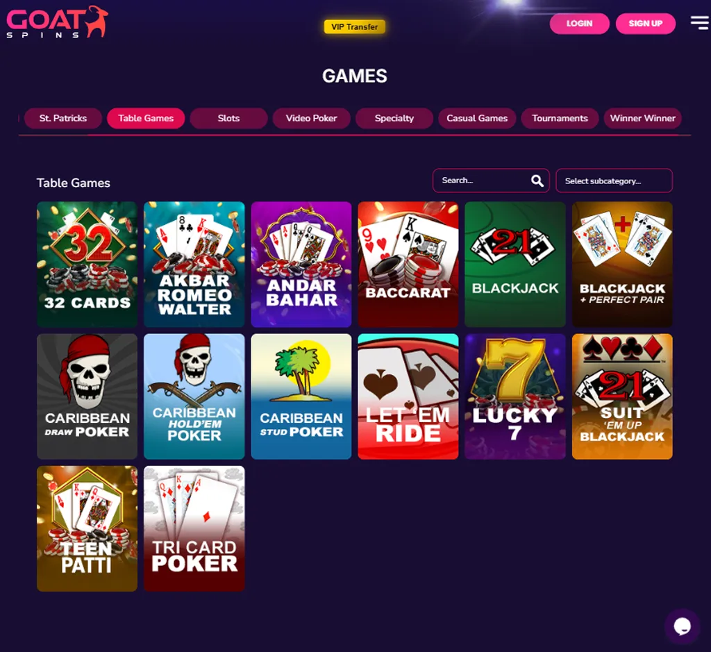 Goat Spins Casino table games interface screenshot displaying classic games like blackjack, roulette and baccarat - verified