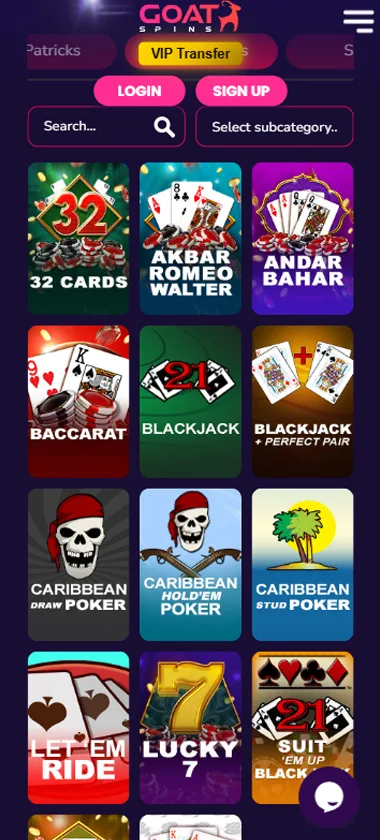 Goat Spins Casino table games interface screenshot displaying classic games like blackjack, roulette and baccarat - verified