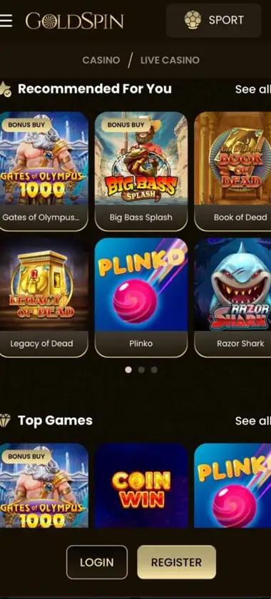 Goldspin Casino mobile slots interface screenshot showing slot game selection with popular titles and filtering options - captured during platform testing