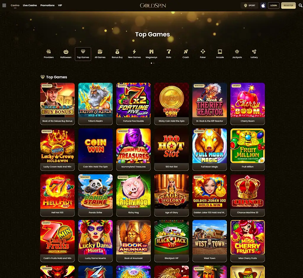 Goldspin Casino desktop slots lobby screenshot presenting variety of slot games with categories and providers - verified