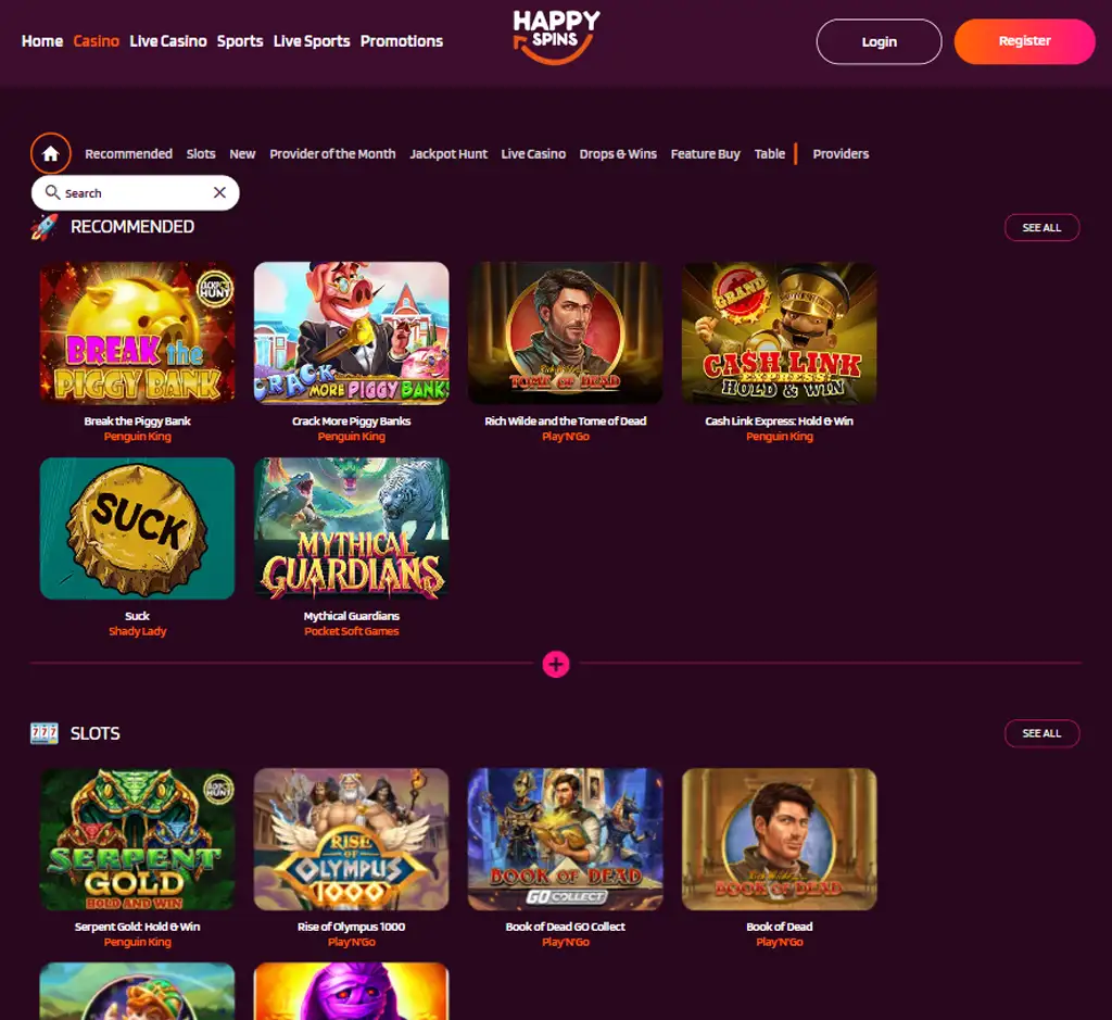 Happy Spins Casino desktop homepage screenshot displaying main lobby with featured games, promotions and navigation menu - tested
