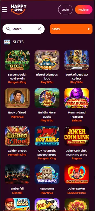 Happy Spins Casino mobile slots interface screenshot showing slot game selection with popular titles and filtering options - captured during platform testing