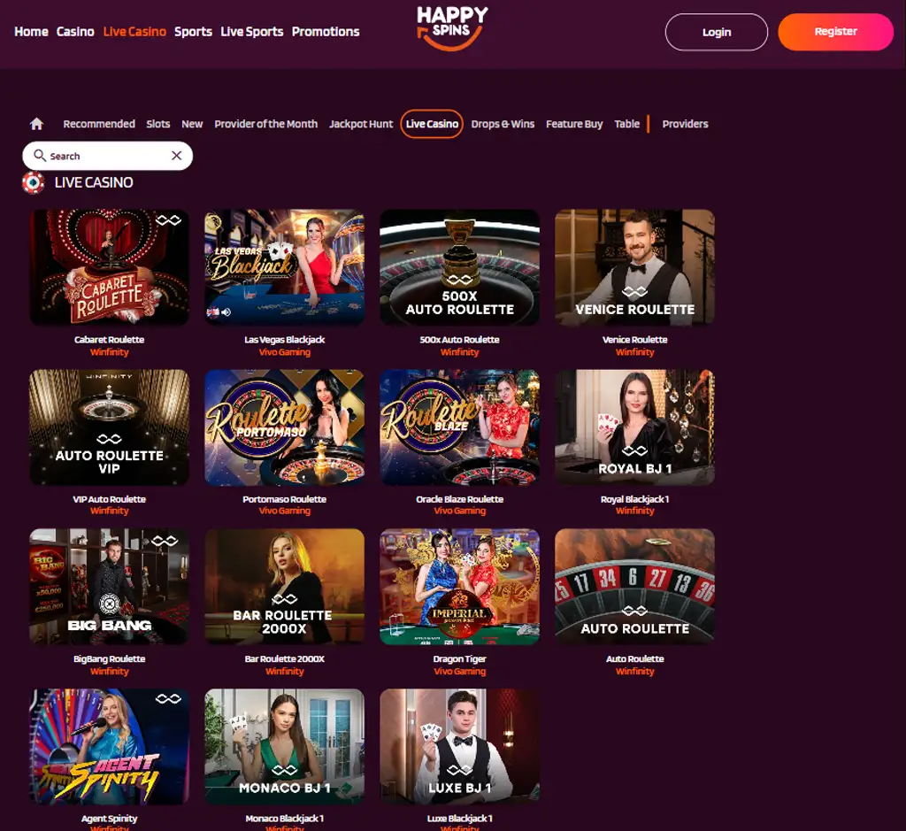Happy Spins Casino desktop live casino lobby screenshot featuring live dealer games and real-time streaming interface - review testing