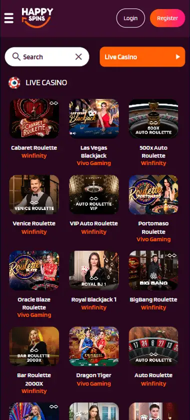 Happy Spins Casino mobile live casino interface screenshot showing live dealer tables including blackjack and roulette - tested