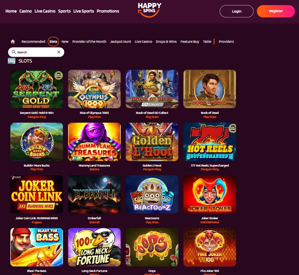 Happy Spins Casino desktop slots lobby screenshot presenting variety of slot games with categories and providers - verified