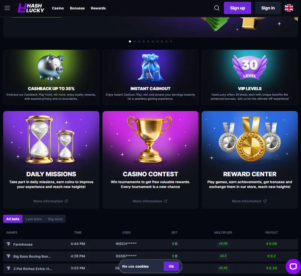 Hash Luky Casino desktop homepage screenshot displaying main lobby with featured games, promotions and navigation menu - tested